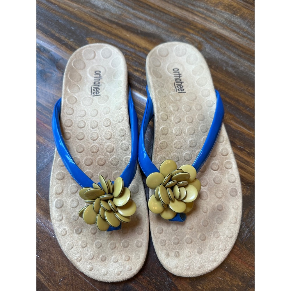 Orthaheel Fleur Womens Blue Yellow Flower‎ Orthotic Flip Flop Sandals Size 9 US